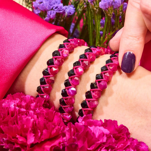 Quartz magenta et agate noire | Or rose | Bracelet double géométrie